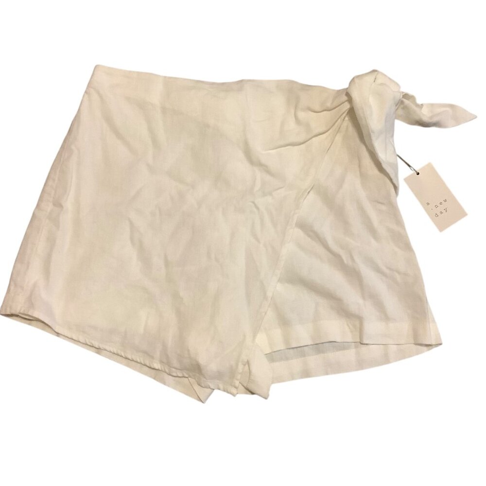 White Linen Blend High-Waisted Shorts‎ Women 8 Tie Detail A New Day NWT Side Zip
